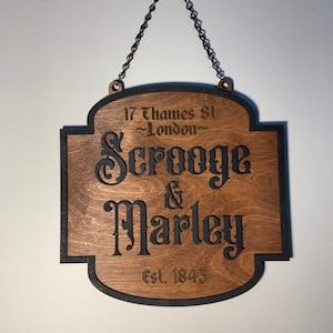 Scrooge & Marley wood hanging wall sign