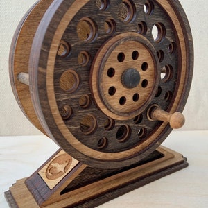 Handmade Wood Fly Fishing Reel and Coaster Set Holder Folk Art