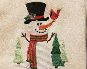 Embroidered Snowman and Cardinal/Embroidered Winter Snowman with Red Cardinal Kitchen/Tea Towel