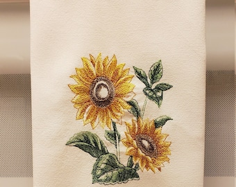 Embroidered Sunflowers, Embroidered Sunflower Duo, Sunflower Kitchen Towel, Hostess Gift. Sunflower Kitchen Decor