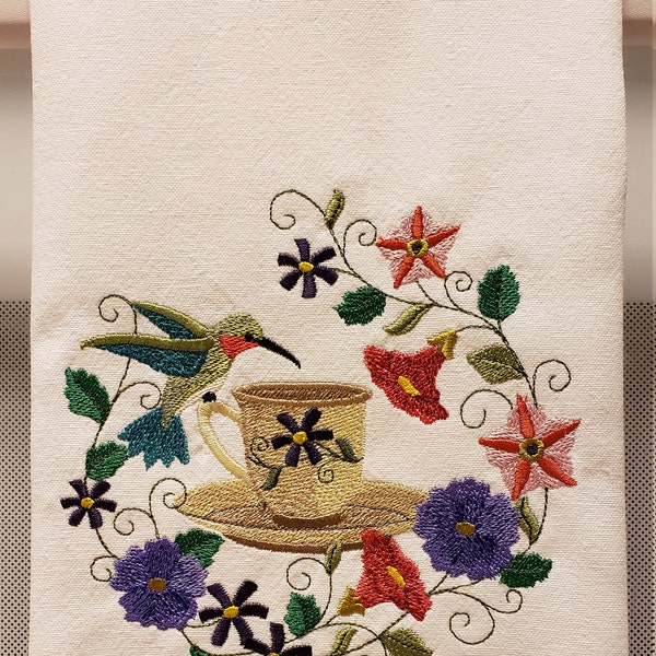 Hummingbird, Flowers, and Tea Cup Embroidered Kitchen Towel