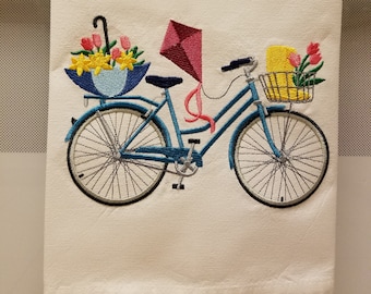 Embroidered Bicycle/Embroidered Spring Fling Bicycle/Embroidered Bicycle with Flowers, Kite, and Umbrella  Kitchen/Tea Towel