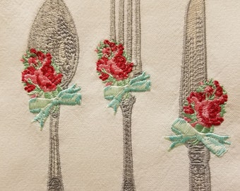 Embroidered Spoon, Fork, Knife with ribbon/Embroidered Vintage Cutlery/ Embroidered Vintage Silverware Kitchen/Tea towel