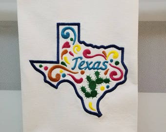 Embroidered Texas Tea Towel/Mexican Style Design/Day of the Dead Design Kitchen/Tea Towel