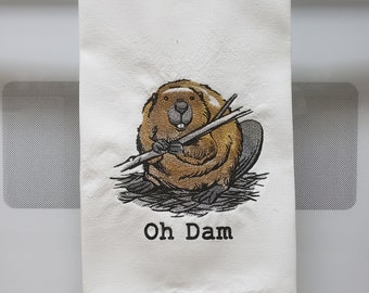 Oh dam beaver machine embroidery flour sack towel 15x24