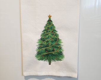 Embroidered Christmas Tree, Christmas Tree Towel, Embroidered Tree Garland and Lights, Embroidered Christmas Kitchen, Hand, Tea Towel