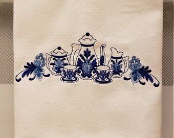 Tea Set Border on Embroidered Tea Towel