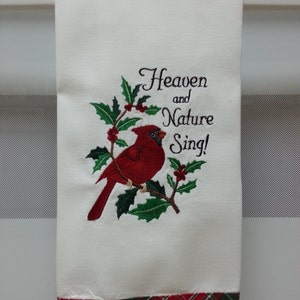 Embroidered Christmas Cardinal, Red Cardinal Tea Towel, Christmas Hostess Gift, Christmas Kitchen Decor, Cardinal Christmas Tea Towel