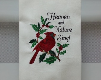 Embroidered Christmas Cardinal, Red Cardinal Tea Towel, Christmas Hostess Gift, Christmas Kitchen Decor, Cardinal Christmas Tea Towel