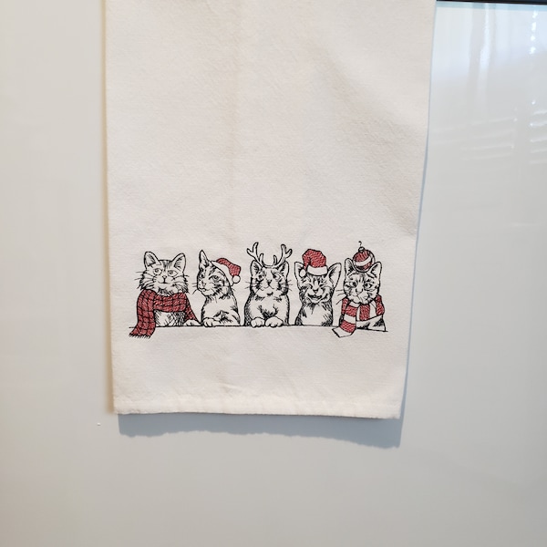 Embroidered Christmas Cats, Christmas Cats with Antlers, Cat with Christmas Ornament, Cat with Santa Hat, Christmas Kitchen Tea Towel