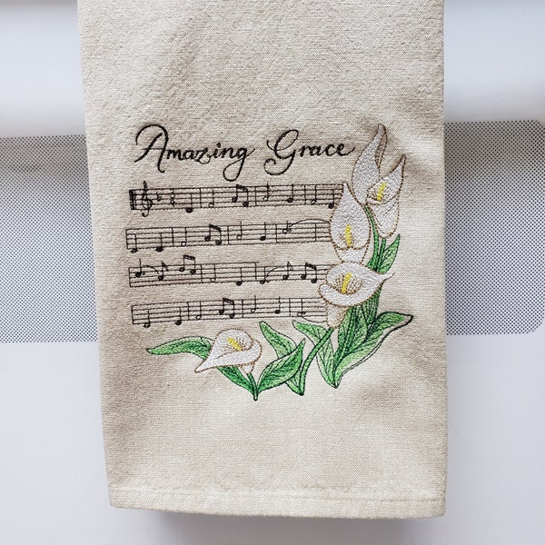 Embroidered Amazing Grace and Lilies, Amazing Grace Musical Notes, Christian Hymn, Amazing Grace hand towel, kitchen towel, tea towel