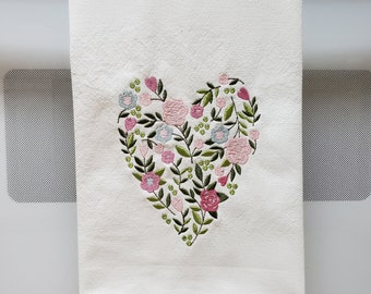 Embroidered Floral Heart, Embroidered Flowers, Heart Shaped Flowers, Heart Shaped Floral Embroidered Kitchen/Tea/Hand Towel