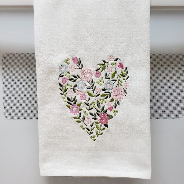 Embroidered Floral Heart, Embroidered Flowers, Heart Shaped Flowers, Heart Shaped Floral Embroidered Kitchen/Tea/Hand Towel