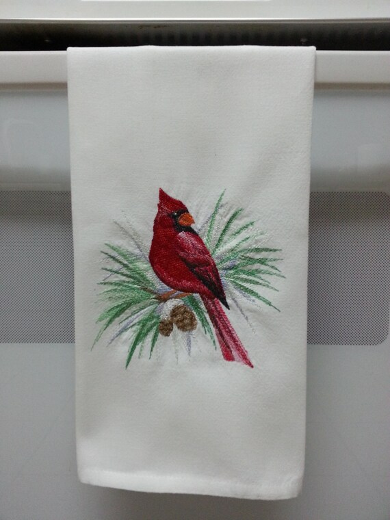 Embroidered Cardinal Kitchen Towel/ Embroidered Etsy