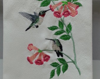 Summer Hummingbirds, Hummingbirds and Flowers Embroidered Kitchen Towel, Embroidered Hummingbird Tea Towel