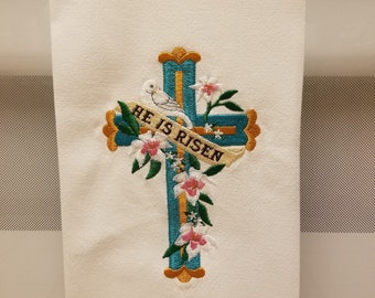 Embroidered He is Risen/Easter Cross/He is Risen/ Embroidered Easter/ Embroidered Easter Kitchen/Tea Towel