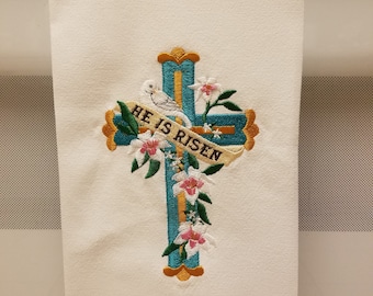 Embroidered He is Risen/Easter Cross/He is Risen/ Embroidered Easter/ Embroidered Easter Kitchen/Tea Towel