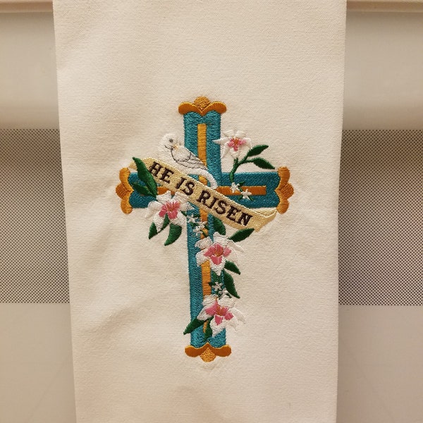 Embroidered He is Risen/Easter Cross/He is Risen/ Embroidered Easter/ Embroidered Easter Kitchen/Tea Towel