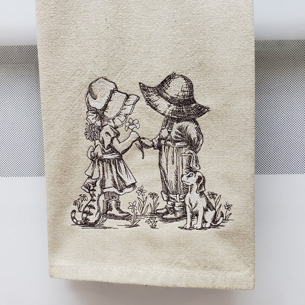 Embroidered Sunbonnet Sue and Fisherman Fred, Vintage Boy and Girl, Embroidered Children with Dog and Cat, Kitchen Towel, Tea Towel