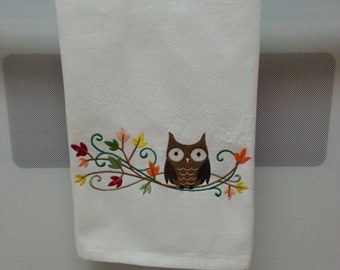 Owl on a Tree Branch Embroidered Kitchen/Tea Towel