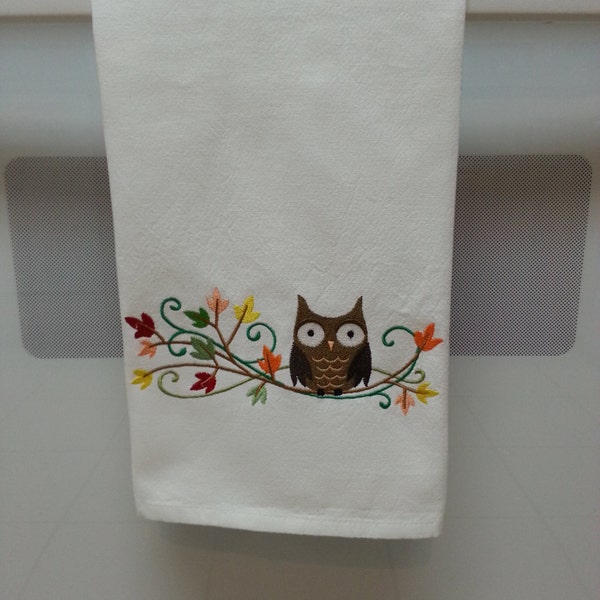Owl on a Tree Branch Embroidered Kitchen/Tea Towel