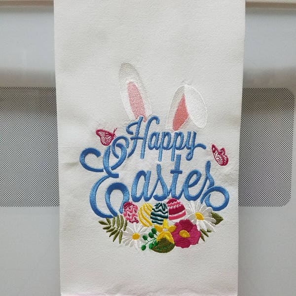 Embroidered Happy Easter/Happy Easter bunny ears/Easter bunny/ Embroidered Easter eggs/ Embroidered Easter Kitchen/Tea Towel