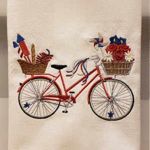 Embroidered Red, White, and Blue Bicycle/Embroidered Patriotic Bicycle/Embroidered Bicycle with Red, White, Blue Flowers Kitchen/Tea Towel