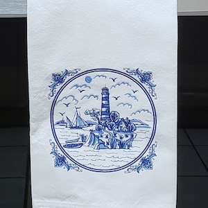 Dutch Delft Blue Embroidered Lighthouse, Delft Blue Embroidery, Delft Blue Lighthouse,  Delft Blue hand, kitchen, tea towel