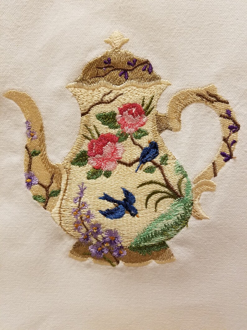 Floral Teapot Embroidered Tea Towel Etsy