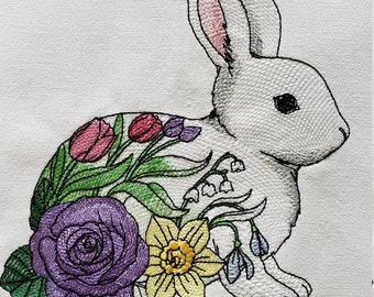 Embroidered Spring Rabbit with Flowers/Embroidered Rabbit/Embroidered Bunny with flowers/ Bunny Rabbit Embroidered Kitchen/Tea Towel