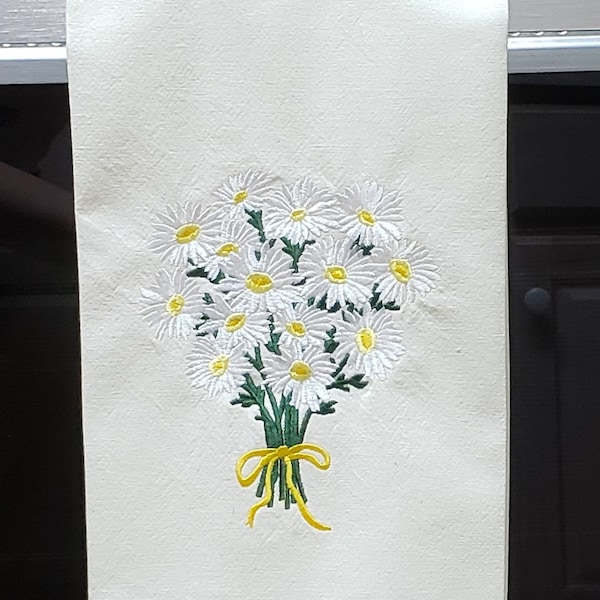 Embroidered Daisy Bouquet, Floral bouquet, Daisy kitchen towel, Embroidered Daisies, Daisy embroidered kitchen, hand, tea towel