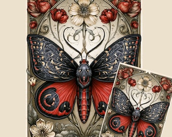 Gothic Noir Art Nouveau Butterfly Decoupage, Red & Black Tissue and Rice Paper, A3 A4 A5