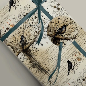 Mystic Birds on a Manuscript Luxury Wrapping Paper, Mythology Witchcraft, Cottagecore Gift Wrap Paper 100gsm