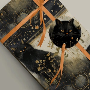 Mágico y misterioso: Papel de regalo único con diseño de gato negro místico, papel de regalo de lujo, mitología, brujería, papel de regalo cottagecore de 100 g/m²