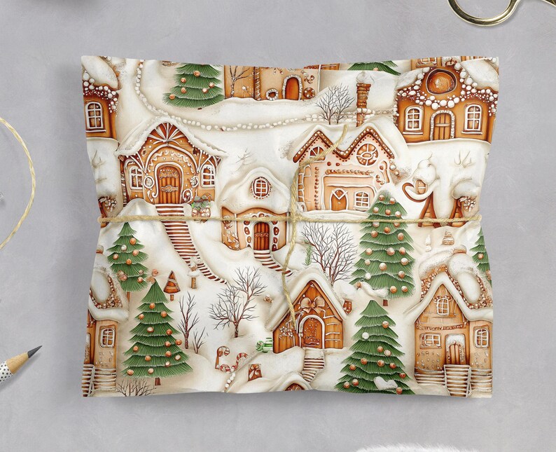 Holiday Gift Wrap: Gingerbread House & Christmas Tree, Decorative Beige, White 100gsm Matte Wrapping Paper bild 7