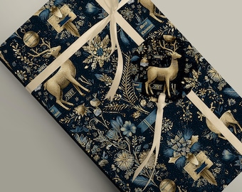Navy Blue Medieval Christmas Wrapping Paper | Elegant Stag & Deer Design | Floral Holiday Gift Wrap | Vintage Woodland Christmas Decor