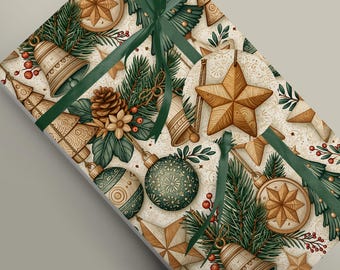 Wooden Christmas Decorations Wrapping Paper | Pine Green Rustic Holiday Gift Wrap | Handmade Style Festive | Original Design