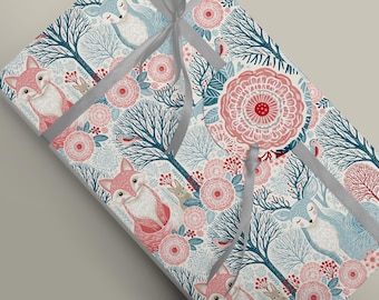 Woodland Animal Christmas Pastel Folk Art Gift Wrap, Forest Animals Holiday Wrapping Paper, Festive