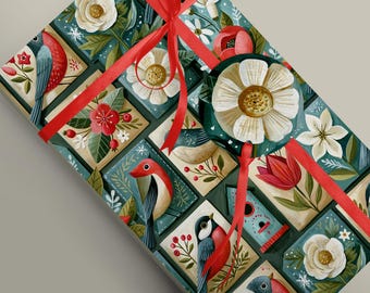 Folk Art Bird Wrapping Paper | Patchwork Birds & Flowers Gift Wrap | Colourful Birdhouse | Botanical Packaging