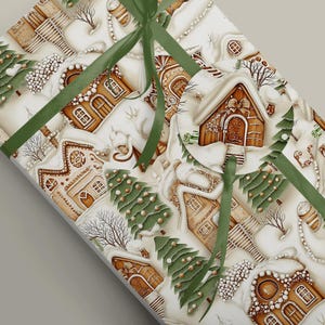 Holiday Gift Wrap: Gingerbread House & Christmas Tree, Decorative Beige, White 100gsm Matte Wrapping Paper