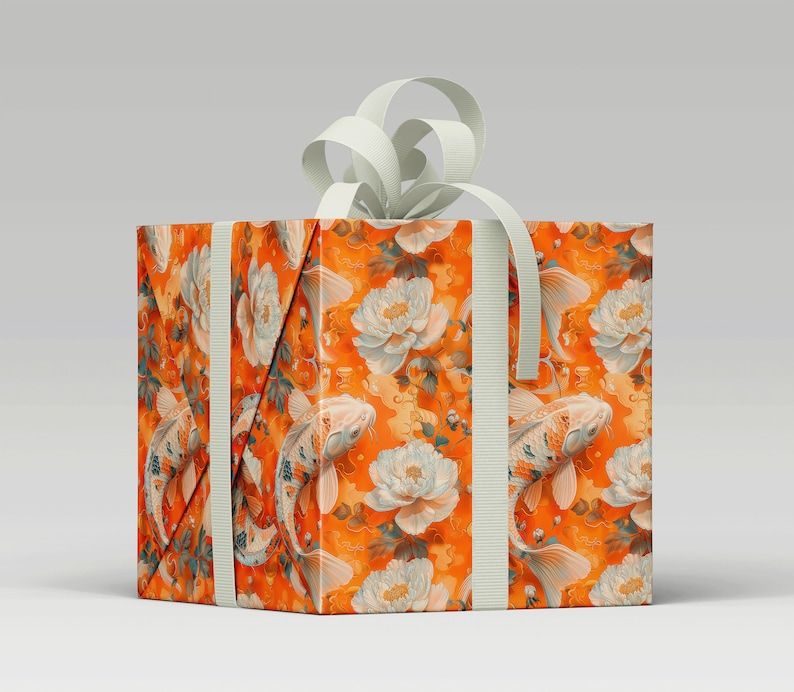 Orange and white koi swimming among peony flowers wrapping paper