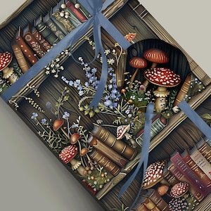 Présentoir de livres inspiré de la nature avec champignons et fleurs sur papier cadeau Papier cadeau 100 g et papier de soie véritable 19 g