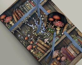 Nature-Inspired Book Display with Mushrooms and Flowers on Wrapping Paper