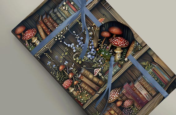 Nature-Inspired Book Display with Mushrooms and Flowers on Wrapping Paper 100gsm Wrapping Paper and 19gsm Genuine Tissue Paper Craft