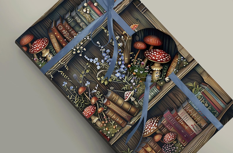 Nature-Inspired Book Display with Mushrooms and Flowers on Wrapping Paper