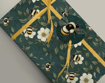 Nature-inspired Gift Wrap with Bumble Bees and Cherry Blossoms Wedding or Birthday Decorative Wrapping Paper 95gsm