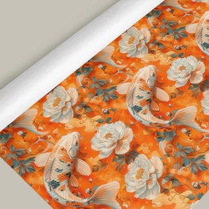 Orange and white koi swimming among peony flowers wrapping paper roll