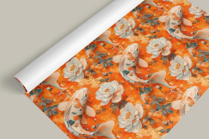 Orange and white koi swimming among peony flowers wrapping paper roll