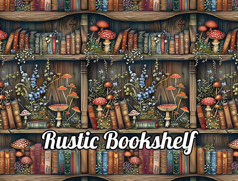 May include: A digital illustration of a rustic bookshelf filled with old books, mushrooms, and wildflowers. The text "Rustic Bookshelf" is displayed across the bottom. The color palette includes browns, greens, reds, and blues.