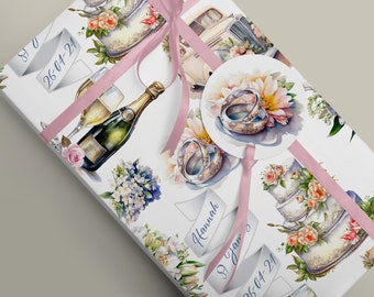 Personalized Wedding Luxury Wrapping Paper with Gift Tag , Optional CardCustomised Bride Groom Date of Marriage Wedding Present, Rings, Cake